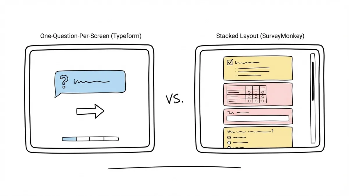 Typeform one-question-per-screen layout versus SurveyMonkey stacked survey layout