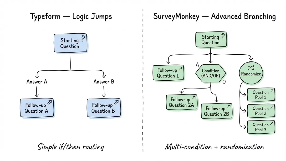 Flowchart showing Typeform Logic Jumps versus SurveyMonkey Advanced Branching paths
