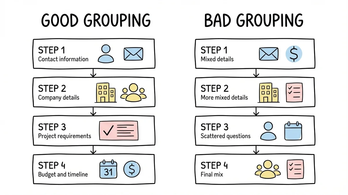 Multi step form structure showing good vs bad question grouping