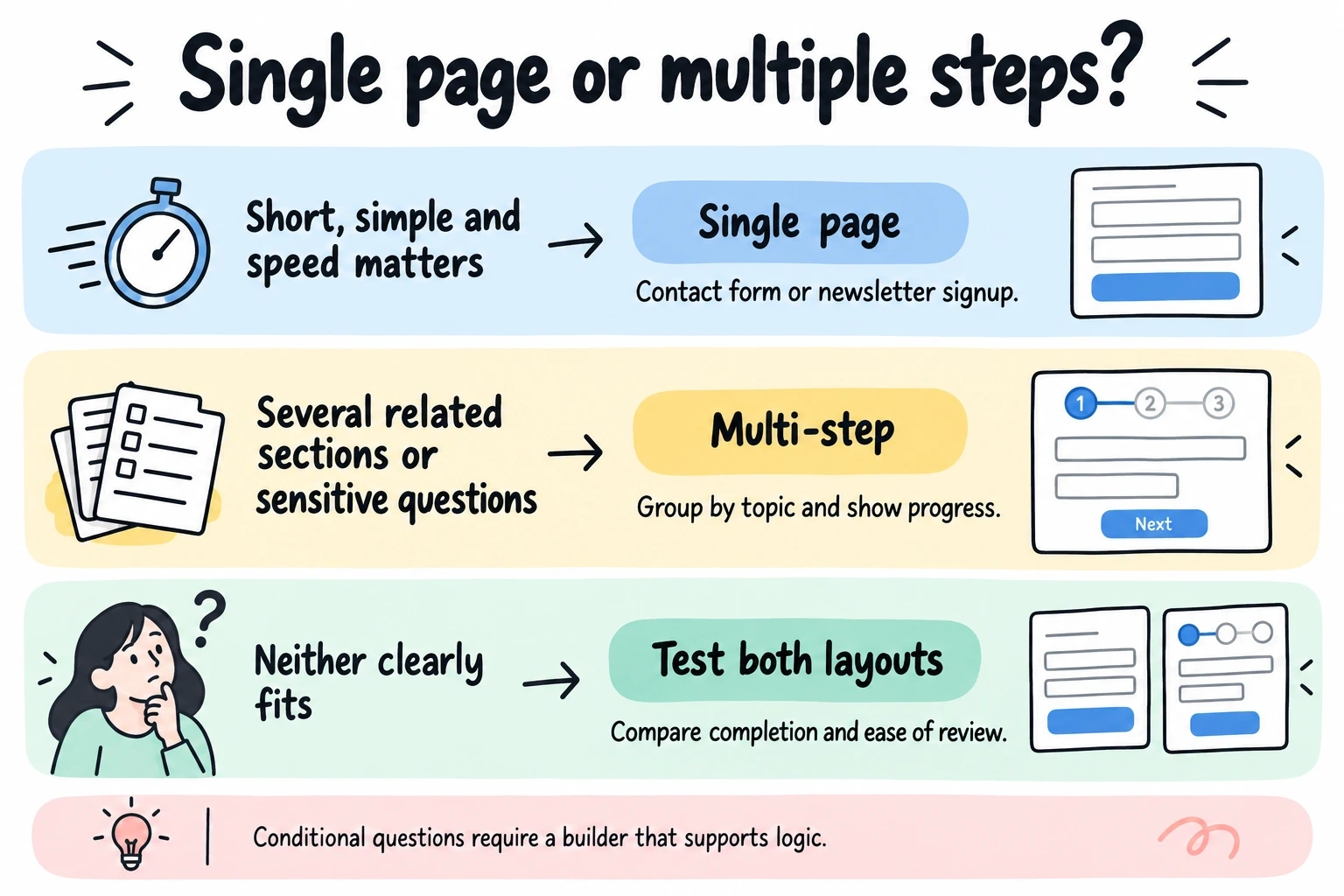 Single-page forms suit short quick tasks; multi-step forms suit grouped or sensitive sections; test both when the choice is unclear.