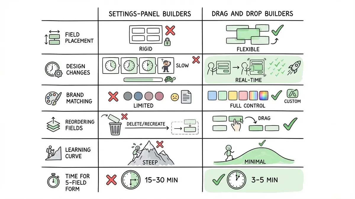 Side-by-side comparison of settings-panel vs drag-and-drop form builders