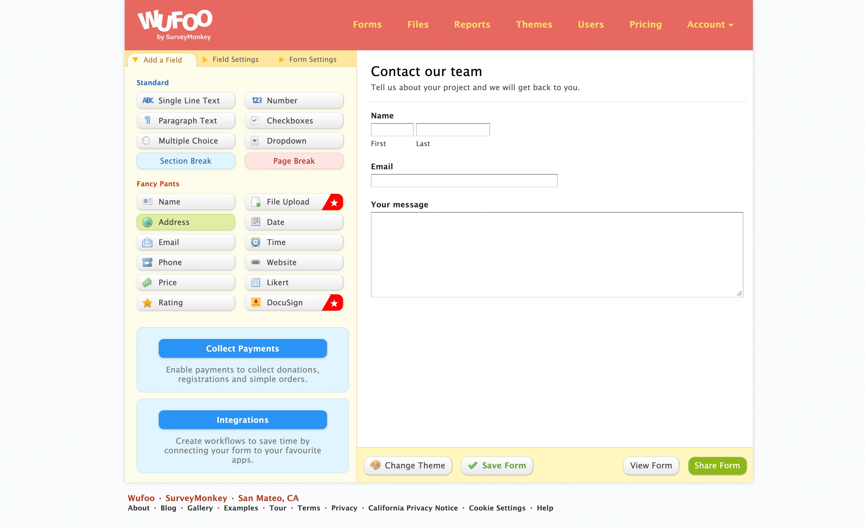 Wufoo editor with a sample contact form and the field palette