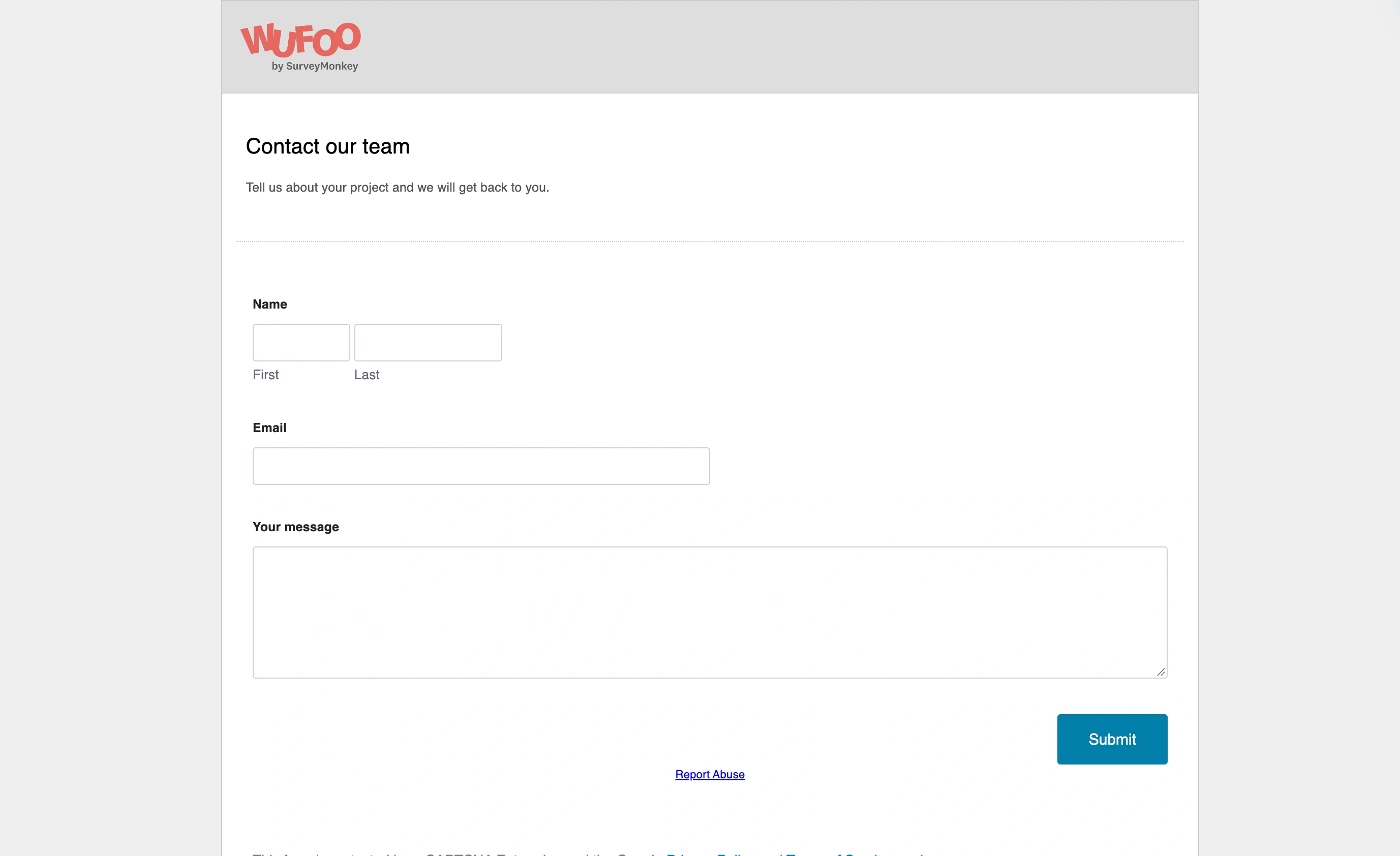 Published Wufoo contact form with name, email, and message fields