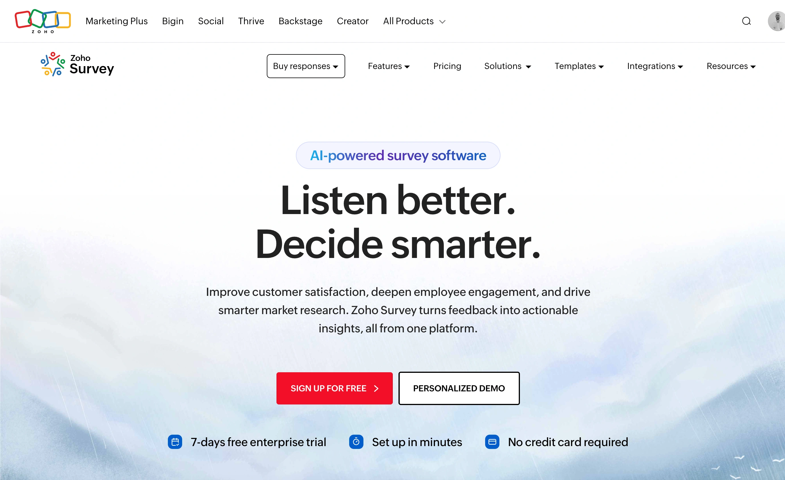 Zoho Survey homepage, captured in September 2026